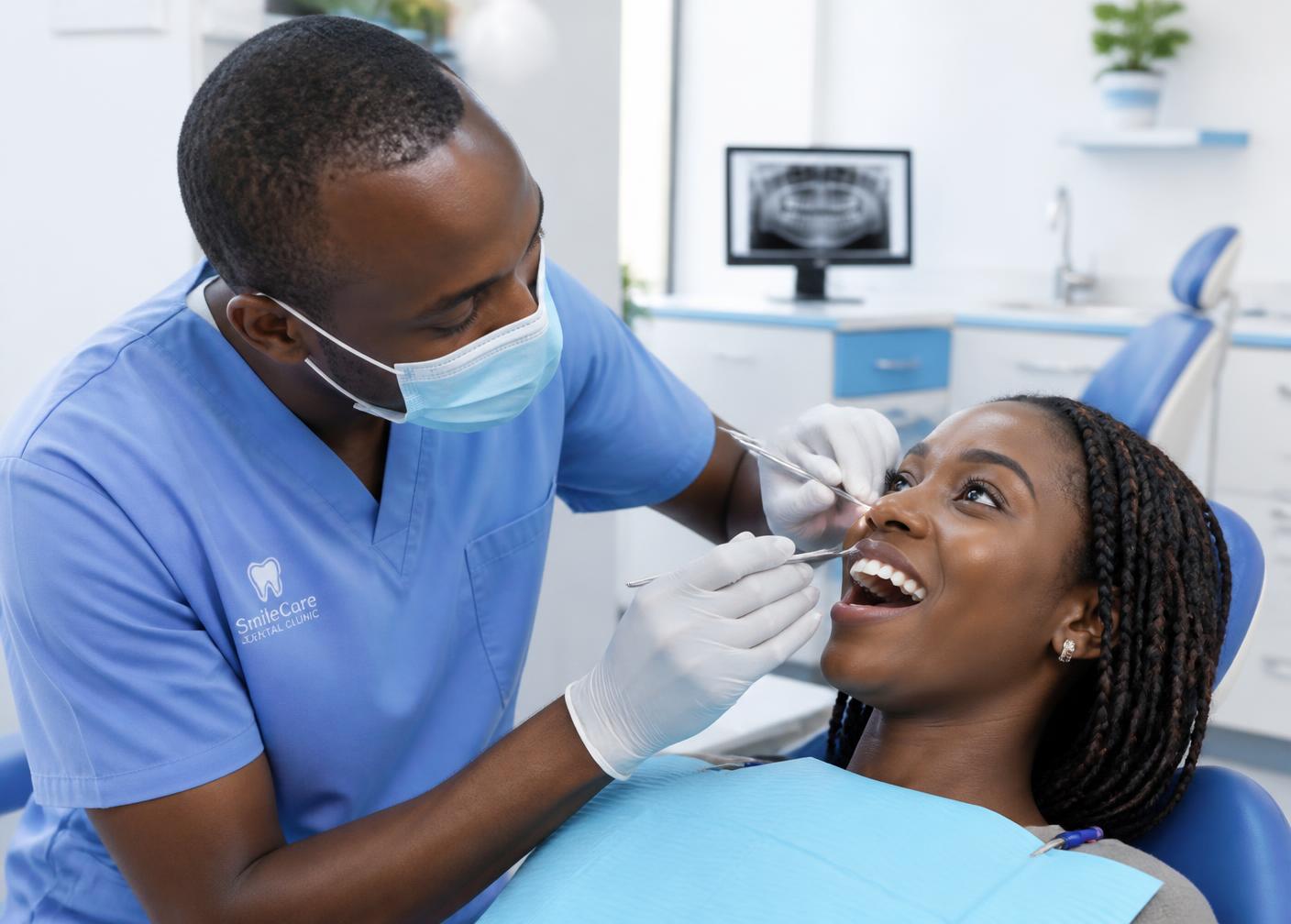Dentist examining a patient in a bright dental room