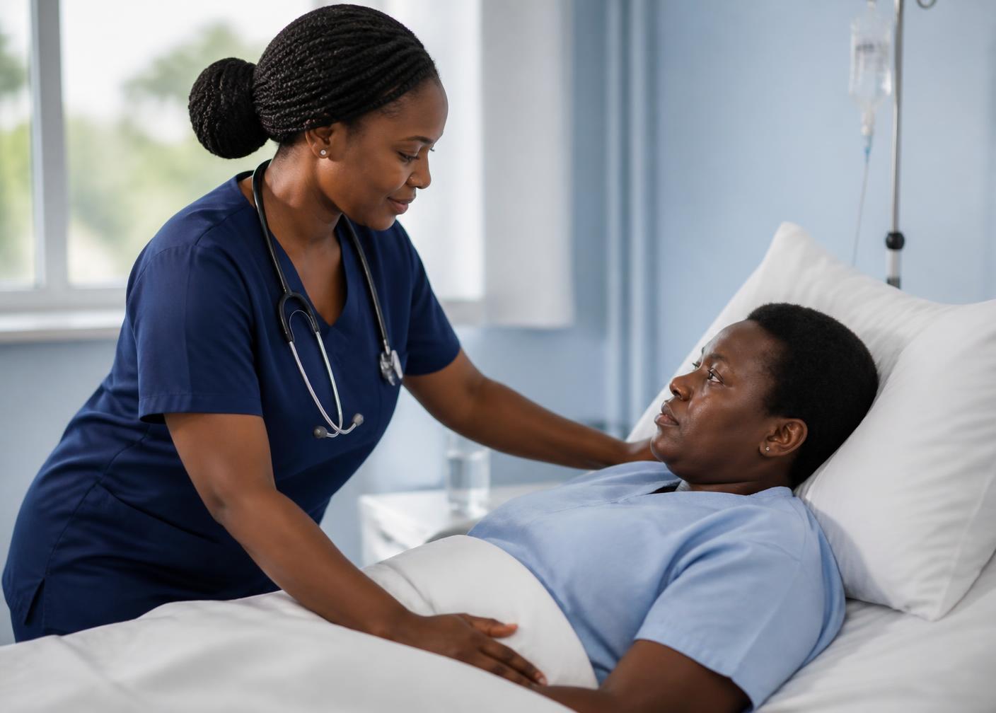 A nurse checking on a patient resting in an inpatient ward