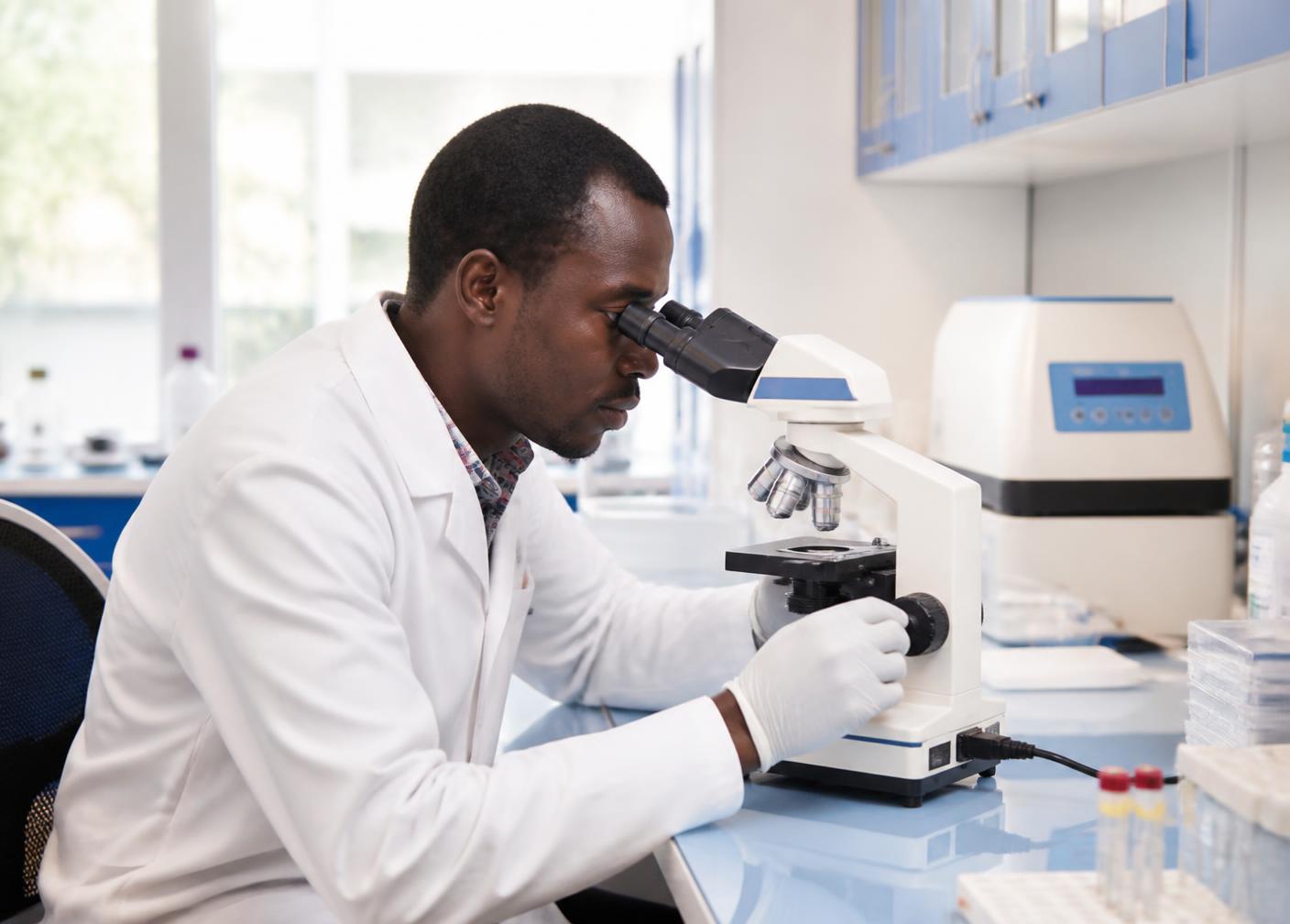 Laboratory professional working with a microscope