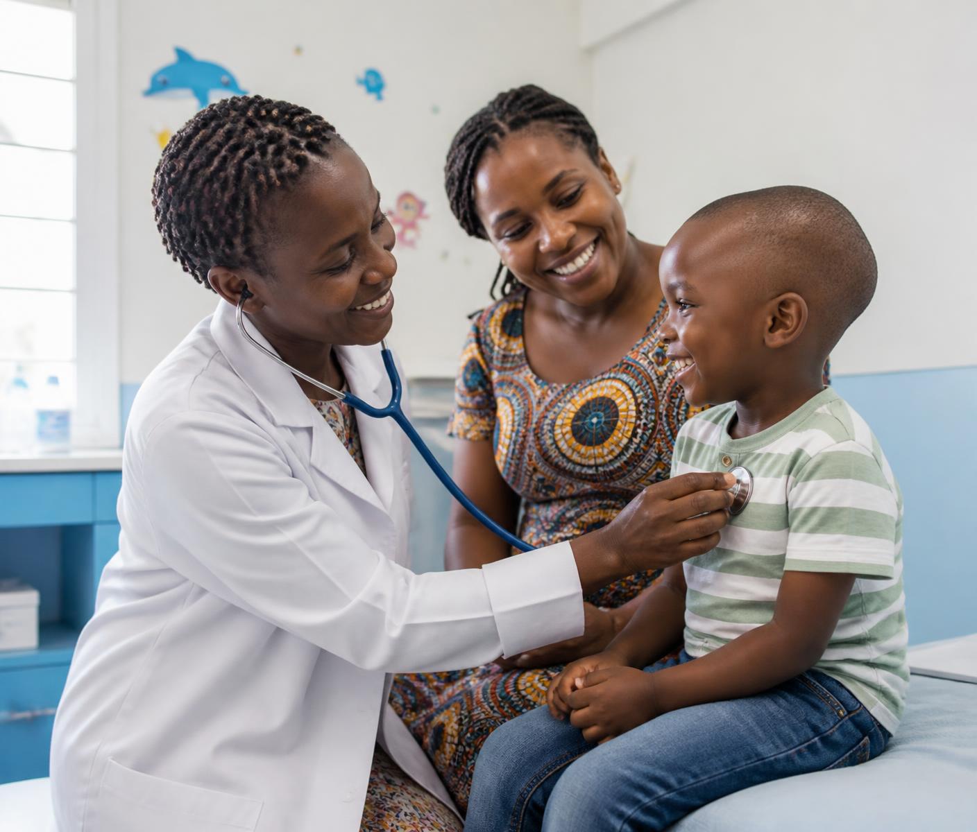 Pediatrician examining a young child with the mother present